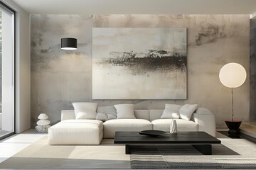 Fototapeta na wymiar Contemporary living room with stylish decor and abstract art