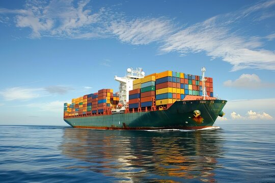 Container ship at sea Fully loaded with cargo containers Illustrating global trade and maritime shipping efficiency