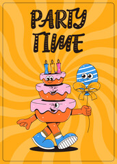 Happy birthday poster in retro groovy style. Vintage walking character cake. Funky mascot with psychedelic smile. Vector illustration on yellow background