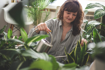 A young woman enjoys caring for flowers. Watering indoor plants and admiring them. Sansevieria.