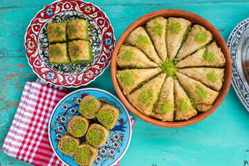 Traditional Turkish Sherbet Desserts (Baklava, Tulumba, Carrot Slice) Special Concept Photo for Ramadan, Üsküdar Istanbul, Turkey (Turkey) - obrazy, fototapety, plakaty