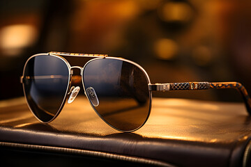 Luxurious Aviator Sunglasses Displayed on Wooden Surface Reflecting Ambient Light and Environment