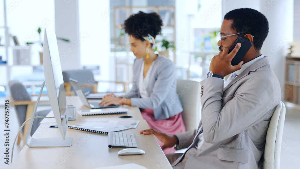 Poster Discussion, phone call and businessman by computer for networking and planning or listening on cellphone. Smartphone, hr consultant or discussion of company staff or chat in office by woman colleague