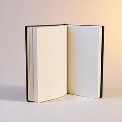 Naklejka premium Open book with blank pages under soft lighting, inviting creativity and imagination on a neutral background.
