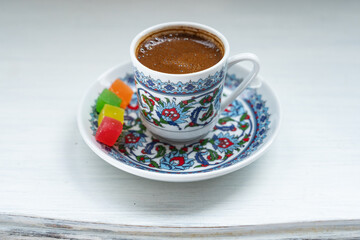 Turkish Coffee (Turk Kahvesi) and Colorful Turkish Delights Photo, Uskudar Istanbul, Turkiye (Turkey)
