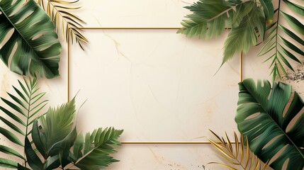green leave frame on a light beige background with copy space. - obrazy, fototapety, plakaty