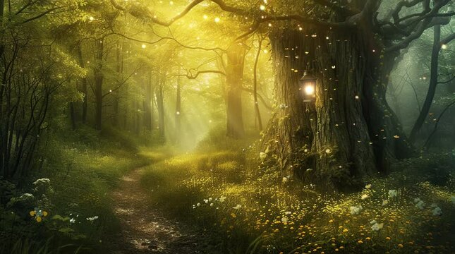 Radiant Woods: Fantasy Forest Aglow with Enchantment Seamless looping 4k time-lapse virtual video animation background. Generated AI