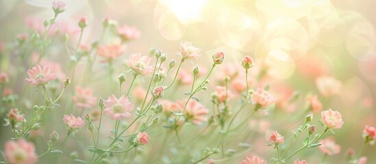 A collection of small pink flowers with green stems growing in the grass in the foreground, creating a soft and colorful scene in nature.