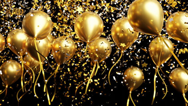 Gold balloons with foil confetti falling on black background 3d render