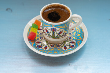 Turkish Coffee (Turk Kahvesi) and Colorful Turkish Delights Photo, Uskudar Istanbul, Turkiye (Turkey)
