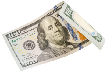 100 dollars banknotes falling in the air isolated on white, Flying 100 American dollars banknotes isolated on white background PNG file.