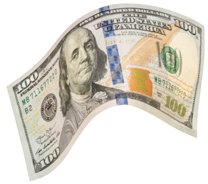 100 dollars banknotes falling in the air isolated on white, Flying 100 American dollars banknotes isolated on white background PNG file.