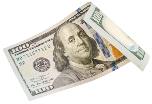 100 dollars banknotes falling in the air isolated on white, Flying 100 American dollars banknotes isolated on white background PNG file.