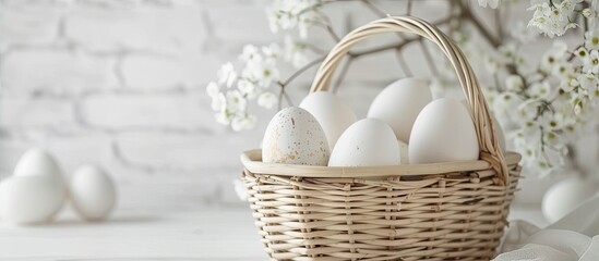 A bamboo basket is filled with beautiful white Easter eggs, resting on top of a table against a...