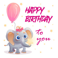 Naklejka premium Happy Birthday to you card and cute elephant girl with pink balloon. Vector illustration.