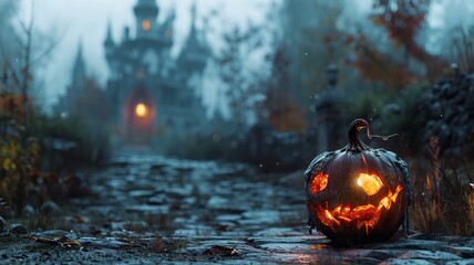 Halloween scene with carved pumpkin lantern and misty haunted castle in the distance