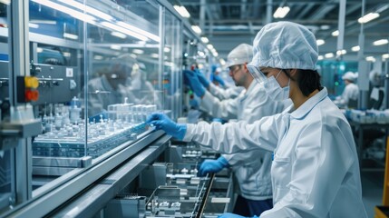 Workers wearing safety gear while operating machinery in a manufacturing plant.
