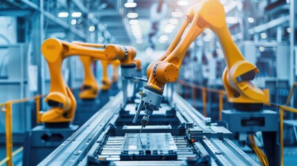 Industrial robotics in action on the production floor of a factory.