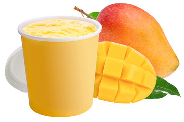 Mango Ice Cream in paper bucket isolated on white background, Mango Ice Cream on white PNG File.