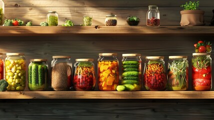 A rustic display of assorted pickled vegetables in jars on a wooden shelf