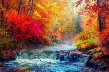 temperate deciduous forest, Autumn forest orange red are rivers stream and pine carpet oak beech maple tree willow mysterious colorful leaves trees nature change seasons landscape Top view background - obrazy, fototapety, plakaty