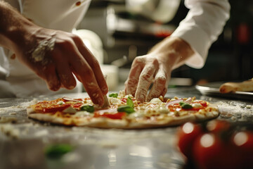 Obraz na płótnie Canvas Pizza chef finishing the preparation of a pizza in a restaurant kitchen