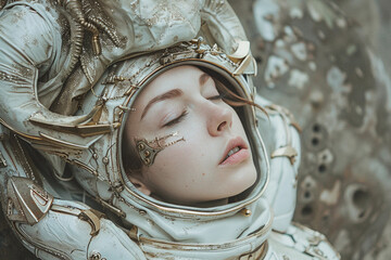 A woman in a spacesuit lost in an otherworldly realm, with an alien head