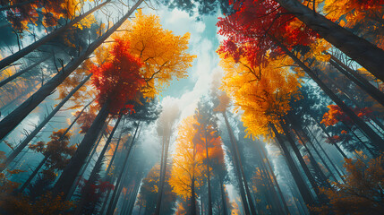 Beech Trees Forest in Autumn, from below, Autumn leaves, Generative Ai
