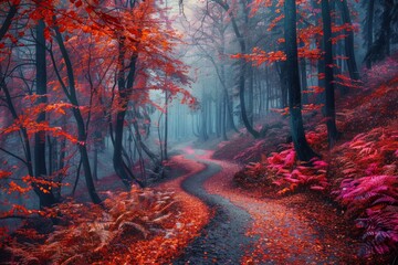 temperate deciduous forest, Autumn forest orange red are way or a road and pine carpet oak beech maple tree willow mysterious colorful leaves trees nature change seasons landscape Top view background - obrazy, fototapety, plakaty