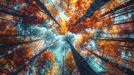 Beech Trees Forest in Autumn, from below, Autumn leaves, Generative Ai - obrazy, fototapety, plakaty