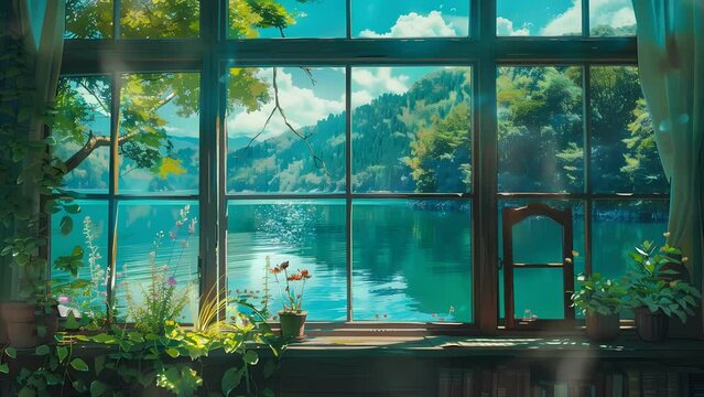 painting of a window with a view of a lake and a bookcase