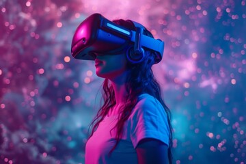 Teenage girl with VR headset exploring the metaverse - obrazy, fototapety, plakaty