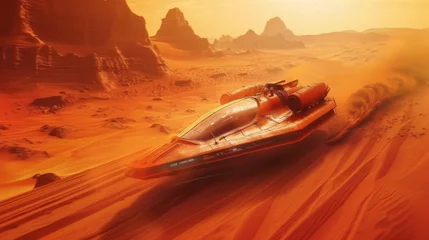 Foto op Canvas Concept art of a sleek, futuristic spaceship racing over the undulating dunes of a Mars-like red desert landscape. © doraclub