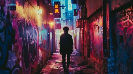 Naklejka premium A solitary silhouette walks through a graffiti-covered alley, illuminated by the vibrant neon lights of the night.