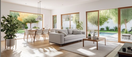 A bright living room with ample windows showcasing a couch and dining table in a modern house with white walls.