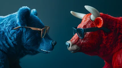 Fototapeten glasses on the blue bear and red bull fighting vision, Generative Ai © Jaunali