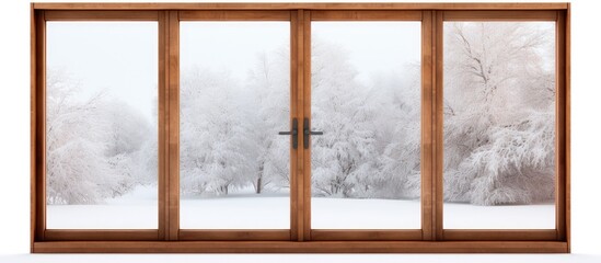 A wooden window is open, revealing a breathtaking view of a snowy forest. The snow-covered trees stretch out as far as the eye can see, creating a serene winter scene.