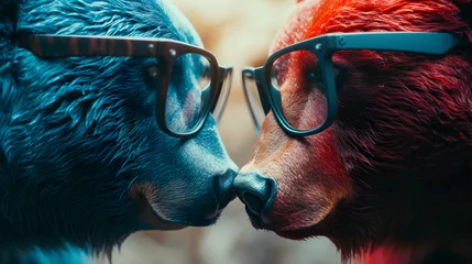 Muurstickers glasses on the blue bear and red bull fighting vision, Generative Ai © Jaunali