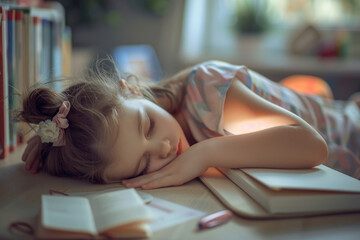 cute little girl child sleeping on books while doing her homework, tired little child school