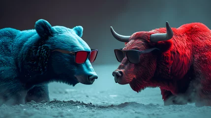 Selbstklebende Fototapeten glasses on the blue bear and red bull fighting vision, Generative Ai © Jaunali