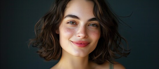 A close-up view of a smiling young brunette woman with flawless skin and natural makeup. She is wearing a bra and showcasing her lips and shoulders. - obrazy, fototapety, plakaty