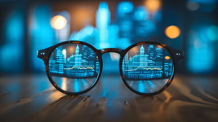 Glasses In Front Of Blue Stock Market, Generative Ai
