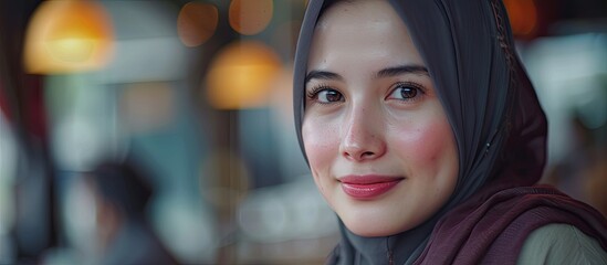 A close-up portrait of a beautiful young Asian Muslim woman wearing a hijab, looking directly at the camera with a lovely smile.