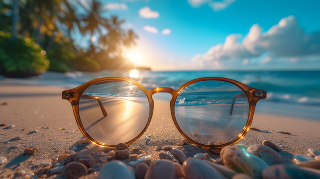 A Glasses in Front Of Beach, Beach Background, Generative Ai