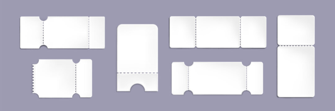 Ticket or coupon mockup for travel, cinema or circus invitation. Realistic 3d vector illustration set of white paper vintage shape voucher. Blank template frame of lottery card or event receipt.