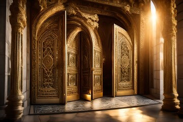 Luxurious, arched wooden doors featuring elaborate, handcrafted detailing, standing as an entrance...