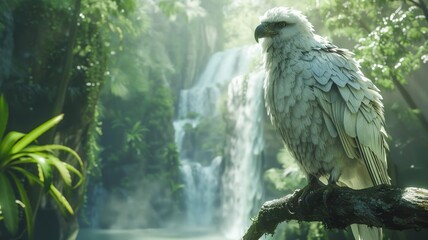 Majestic white eagle perched in a lush forest, embodying the strength and freedom of the wild avian predator.