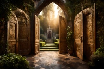 Luxurious, arched wooden doors featuring elaborate, handcrafted detailing, standing as an entrance to a grand manor with cascading vines nearby - obrazy, fototapety, plakaty