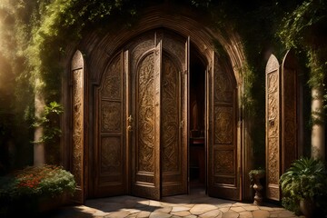 Luxurious, arched wooden doors featuring elaborate, handcrafted detailing, standing as an entrance...