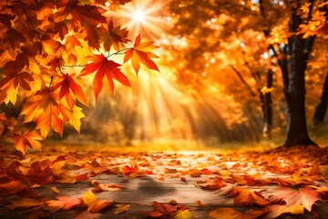 Naklejka na ściany i meble A beautiful fall foliage background with copyspace and orange leaves with sunshine for a season message